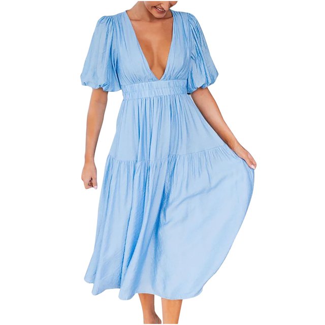 Robes d'Été pour Femmes 2023 à Col en V en Mousseline Boho de Plage Robe Midi Plissée Fluide Évasée à Volants Unie Longue Robe