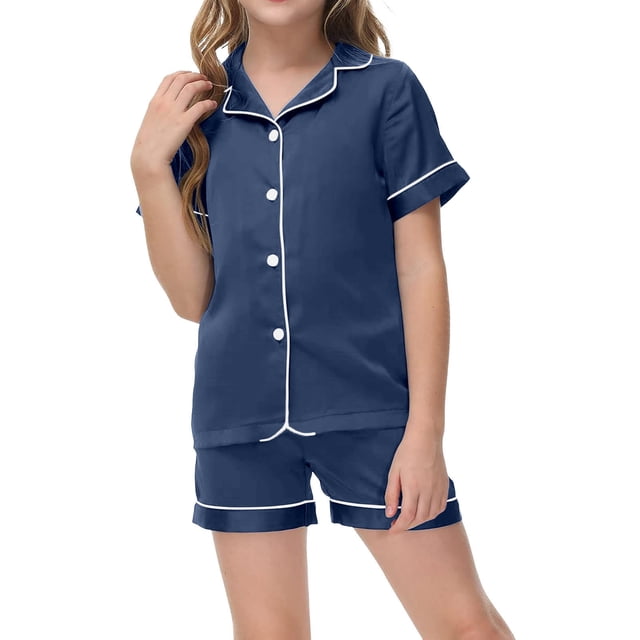 Kids Girls Pajama Set Solid Color Button Down Solid Tops T Shirt Set Girls' Fashion Pajamas Set Boys Pjs Size 6-7T Kids Clothes