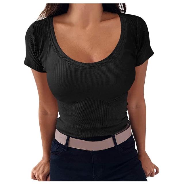 Timegard Hauts de Sortie pour Femmes Col Rond Confortables Coupe Ajustée Manches Courtes Couleur Unie Hauts Décontractés