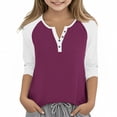 thumbnail image 1 of Cowsor Girl's Casual 3/4 Sleeve T Shirts Button V Neck Tunic Blouses Color Block Basic Tee Tops Loose Fit Summer Shirt, 1 of 6