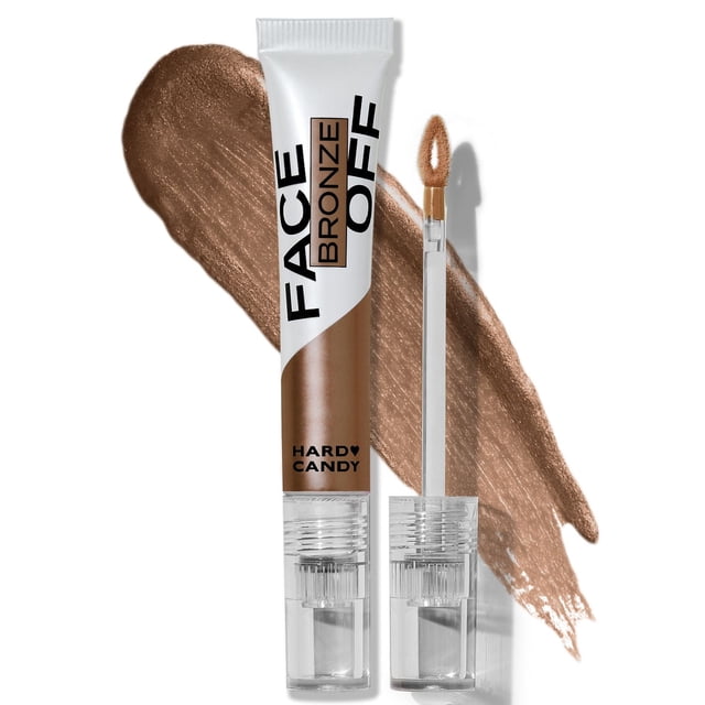 Hard Candy Face Off Luminous Gel Bronzer in a white and bronze tube with black text, shown with its applicator wand and a swatch of the longwearing, buildable gel bronzer formula in warm bronze with shimmer, suitable for a sun-warmed radiant glow.