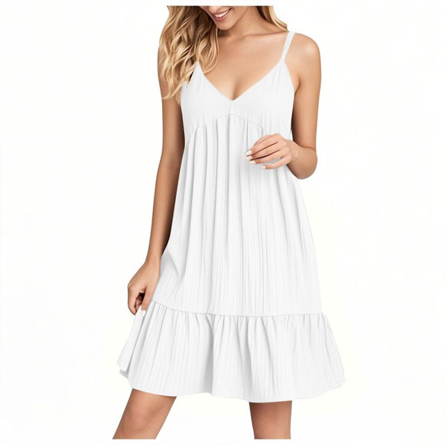 Kyusrd Robes d'Été à Bretelles pour Femmes 2025 Sans Manches à Col en V Mini Robe Chemise Décontractée Taille Haute Plissée Bohème à Volants Ligne A Robes d'Été
