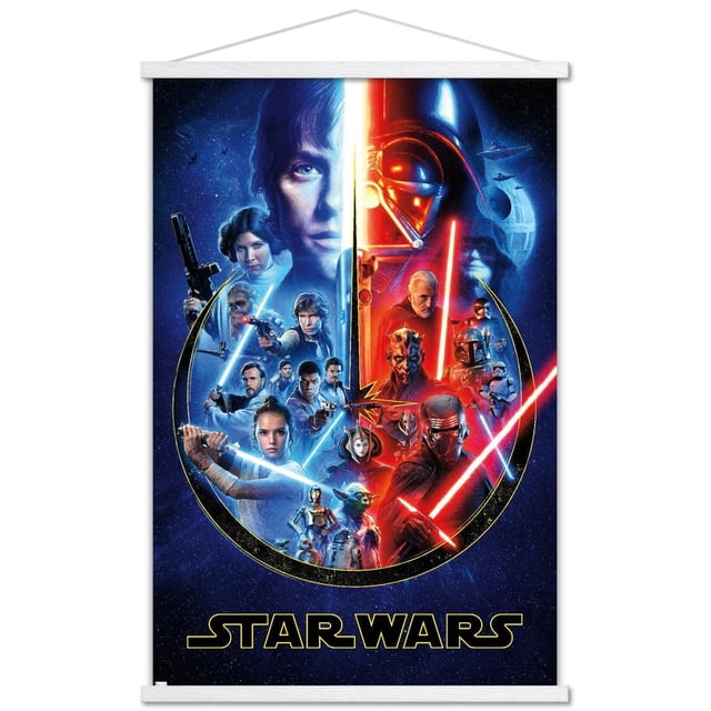 Star Wars - Skywalker Saga Wall Poster, 22.375" x 34", featuring a vertical split design with blue and red halves symbolizing the light and dark sides. The left side shows heroes like Yoda, C-3PO, and characters wielding blue lightsabers, while the right side displays villains including Darth Vader and Kylo Ren with red lightsabers. The starry space background includes the Death Star and Star Destroyers. Printed on glossy paper, this poster is lightweight and easy to hang for room decor.
