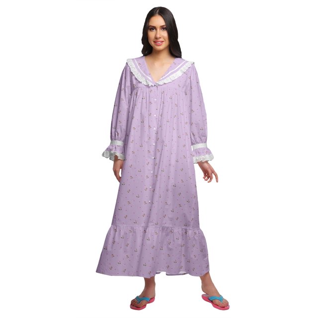 Moomaya Printed Nightdress For Ladies Cotton Ruffled Border Nursing Nightwear