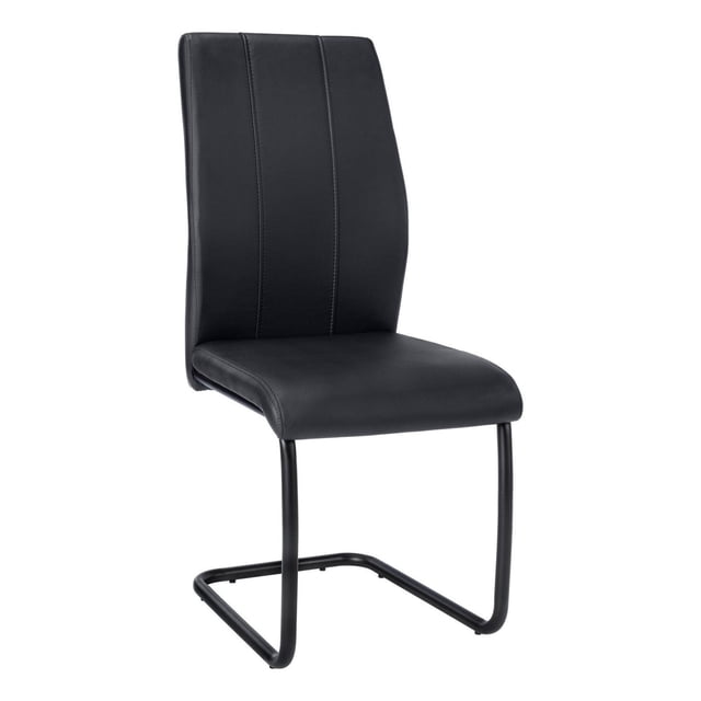 Monarch Specialties Dining Chair, Set Of 2, Side, Upholstered, Kitchen, Dining Room, Pu Leather Look, Metal, Black, Contemporary, Modern with cushioned black PU leather-look seat and back featuring two vertical stitched rows, supported by a sturdy U-shaped black metal base, designed to slide under tables for space-saving in kitchens or dining rooms, also suitable for compact apartments or condos.