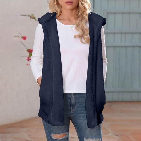 UPPADA Sherpa Vest Womens Fall Fashion Open Front Fleece Cardigan Sweater Fuzzy Jacket Ladies Winter Coats with Pockets Navy,S Hiking Rain Jacket Women Winter Savings