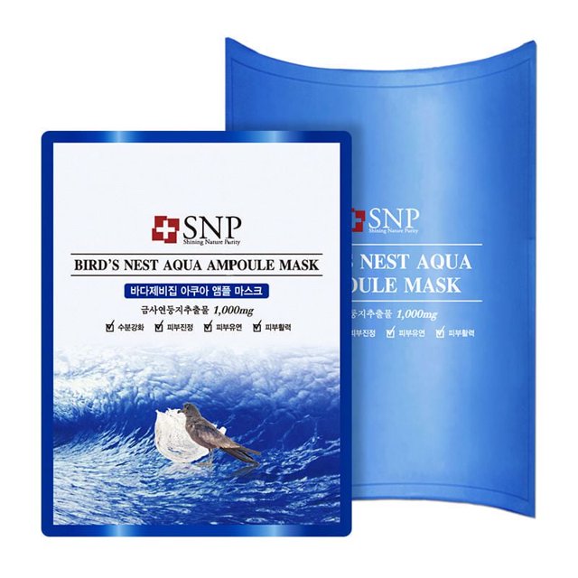 SNP Bird's Nest Aqua Ampoule Mask packaging featuring blue and white ocean wave graphics with a bird on a nest, highlighting skin turnover normalization, collagen support from edible bird nest extract, and adhesive cellulose sheet for moisture retention and skin protection.