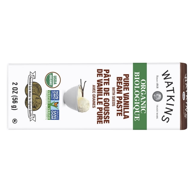 Watkins Organic Vanilla Bean Paste in a 2 oz (56 g) white rectangular box with brown top and green band, featuring USDA Organic and Non-GMO Project Verified seals, bilingual English-French text, and an image of vanilla bean pods with a bowl of vanilla ice cream, often used to enhance soups, stews, and desserts.