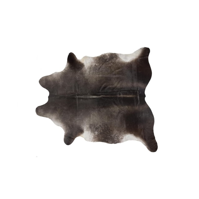 H-Natural Kobe Exotic Cowhide 6'X7' rug with natural irregular shape, soft low pile in dark brown and black tones with subtle lighter patches, fade-resistant and stain-resistant, suitable for high-traffic indoor areas and adding warmth to home décor.