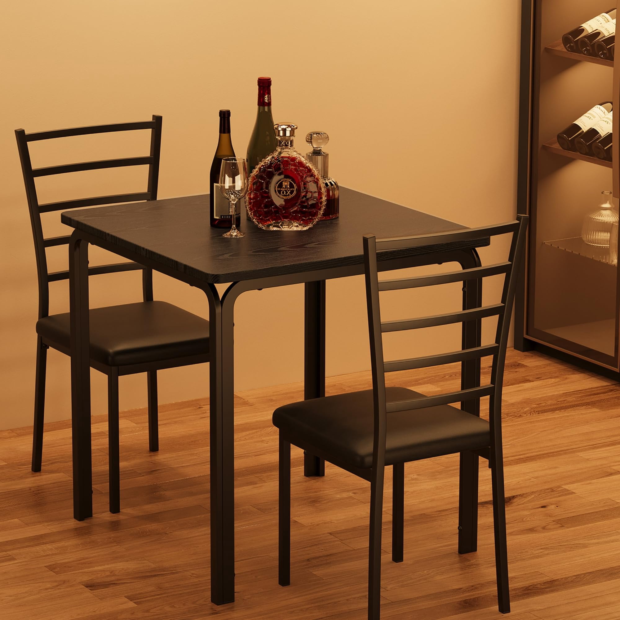 Small Table and Chairs Set of 2, Dining Table for 2, Dinette Set for 2, Square Dinner Table Set, 3 Piece Kitchen & Dining Room Sets for Small Space, Apartment, Home Office, Black