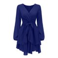 thumbnail image 4 of Pisexur Robe à Manches Longues Col en V Femme Mode Tempérament Couleur Unie Manches Longues Col en V Irrégulier Robe à Volants Robe Femme, 4 of 7