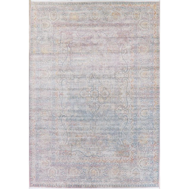 Turkish Geometric Oriental Distressed Ivory Area Rug