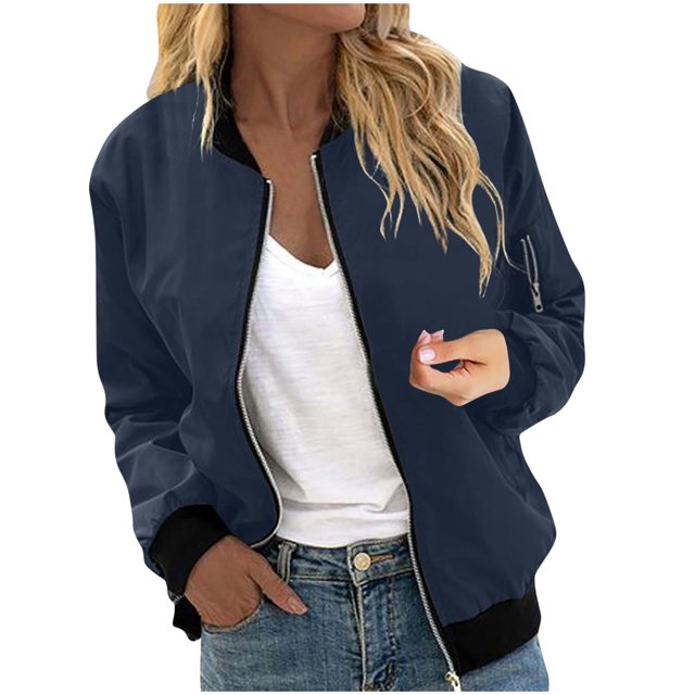 Womens Fashion Jacket Casual Stand Collar Zip Up Lightweight Coat Fall Color Block Jackets with Pockets Navy M