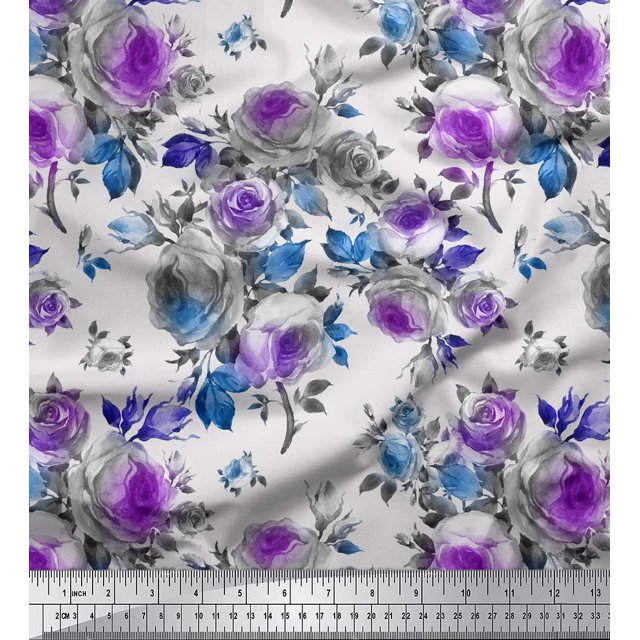 Soimoi Tissu en Voile de Coton Imprimé Feuilles et Fleurs de Rose, Tissu au Mètre, 56 Pouces de Large