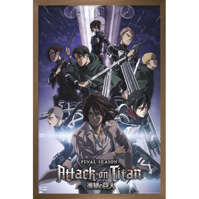 Attack on Titan : Saison 4 - Affiche Murale Key Visual 2 Représentant Plusieurs Personnages en Uniformes Militaires Noirs avec Équipement de Manœuvre 3D en poses d'Action contre un Ciel Sombre avec Projecteurs et Aéronefs Volants, Imprimée sur Papier Lustré et Encadrée en Bois, Mesurant 22,375 par 34 Pouces, Convient à la Déco de Chambre d'Anime.