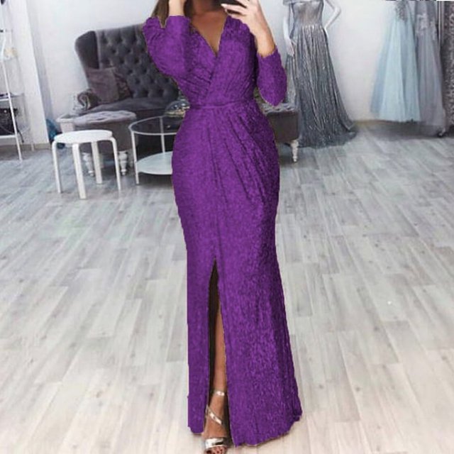 MesaSe Robe à Paillettes pour Femme à Col en V Profond avec Fente, Manches Longues, Robe de Boîte de Nuit, de Fête et de Soirée pour Femme, Dame, Nouveau