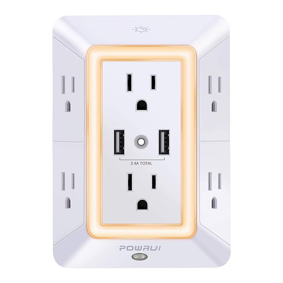 POWRUI Rallonge à 6 Prises avec 2 Ports USB (2,4 A au Total) et Veilleuse