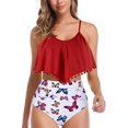 thumbnail image 1 of Women High Waisted Bikini Ruffle Swimsuit Flounce Pom Pom Trim Two Piece Bathing Suit Red&white (S, 1 of 7