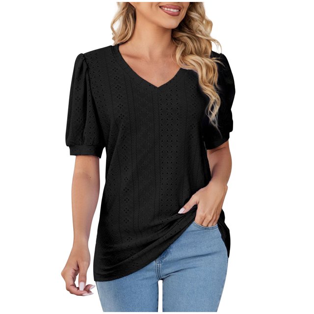 RKSTN Womens Tops 2024 Fashion Mesh Breathable Short Sleeve V-Neck Blouse Tops Comfortable Temperament Solid Color Tops