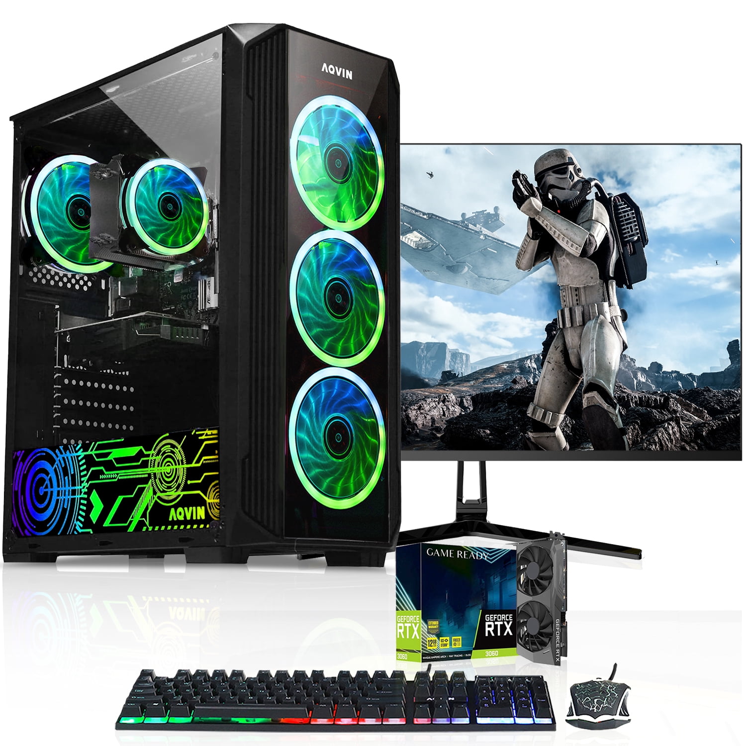 Gaming PC AQVIN ZForce Desktop Computer Tower Intel Core i7, 32GB DDR4 RAM, 1TB SSD Storage, 24-inch Curved Gaming Monitor, Geforce GTX 1660 6GB GDDR5, Windows 10 Pro RGB Keyboard and Mouse WiFi