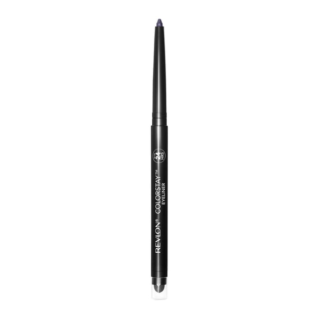 Revlon ColorStay Eyeliner Pencil in black with retractable purple tip, waterproof 24HR wear formula, white branding, and built-in smudger with clear cap, suitable for precise or smoky eye makeup.