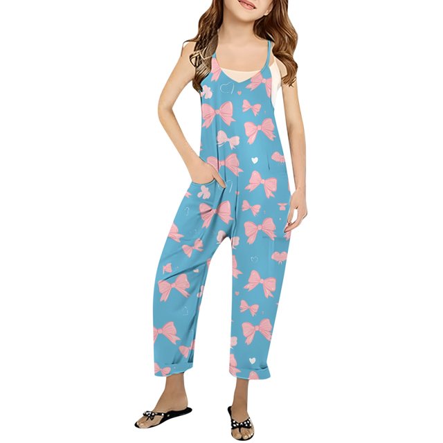 Girls Overall Bow Print Jumpsuits Rompers for Girls Spaghetti Strap Rompers with Pockets Girls Summer Outfits 11-12 Y