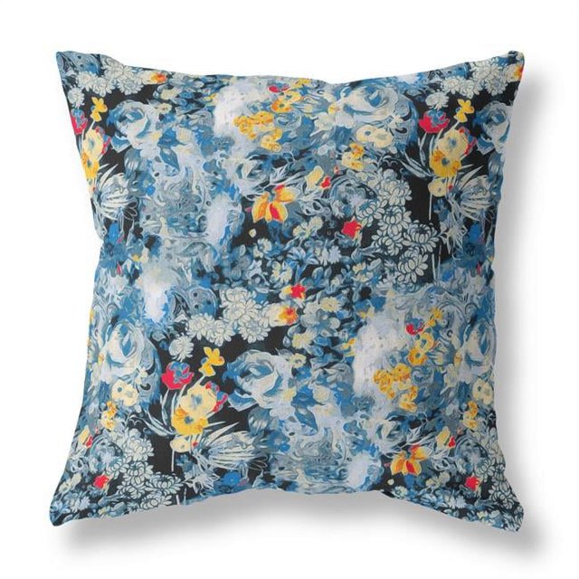 HomeRoots 414540 20 in. Blue Springtime Indoor & Outdoor Throw Pillow, Muted Black & Yellow
