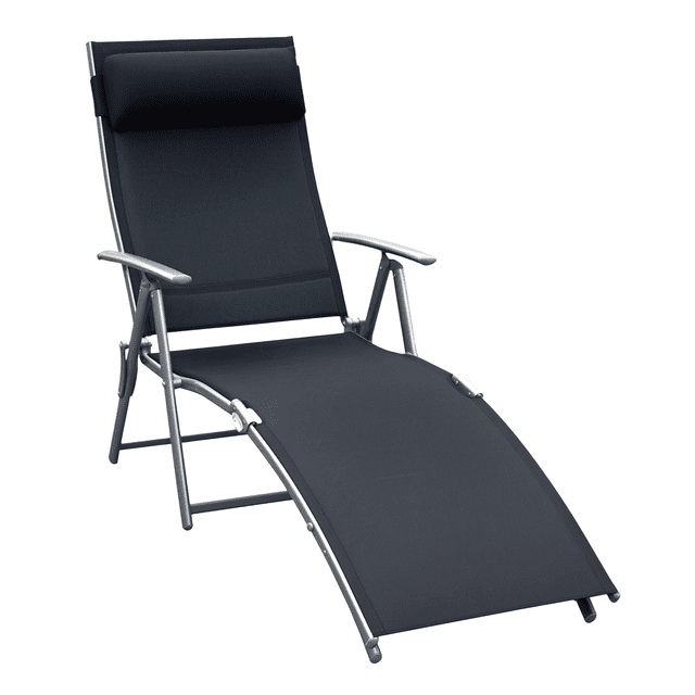 Outsunny Chaise Inclinable Pliante Robuste Noire, Conçue pour l'Extérieur. Dotée d'Un Cadre en Acier Métallique durable avec Tissu à Mailles Résistant aux Intempéries. Comprend un Dossier Réglable à 7 Niveaux et un Oreiller Rempli de Coton PP Épais pour un Confort Accru. la Chaise Supporte jusqu'à 360 Lb et Se Replie pour un transport et un Rangement Faciles. Dimensions Lorsqu'elle Est Inclinée : 74,75 Pouces de long, 25 Pouces de Large et 25,5 Pouces de Haut.