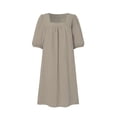 thumbnail image 4 of Mrat Robe en Coton et Lin pour Femmes Vêtements Décontractés Couleur Unie Col Carré Manches Mi-Longues Robe Ample Courte P-42 Kaki P, 4 of 4