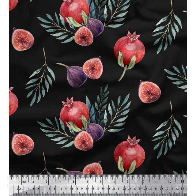Soimoi Black polyester Crepe Fabric Pomegranate & Fig Fruits Decor Fabric Printed Yard 52 Inch Wide