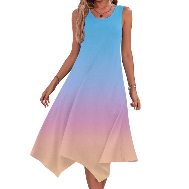 Ovzne Robes pour Femmes 2025 Robe d'Été Robe Dégradée Sans Manches Col Rond avec Cordon de Serrage Décontractée à Volants Jupe Trapèze Mini Robe d'Été Liquidation