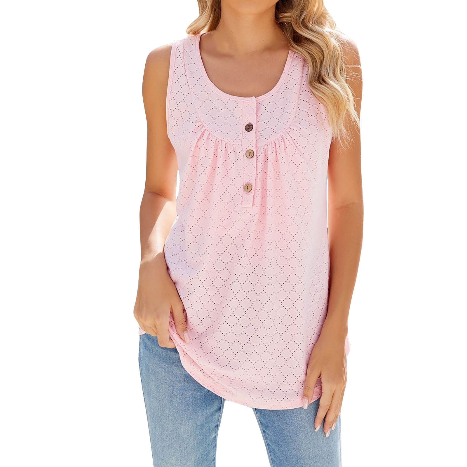 Timegard Womens Tank Tops Round Neck Button Ruched Eyelet Sleeveless Top Casual Tunic Top for Leggings