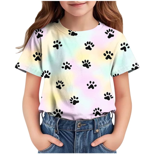 Zpanxa T-Shirts Athlétiques pour Filles Imprimé Étoile Col Rond Manches Courtes Haut Décontracté Polyester Spandex 5 Ans