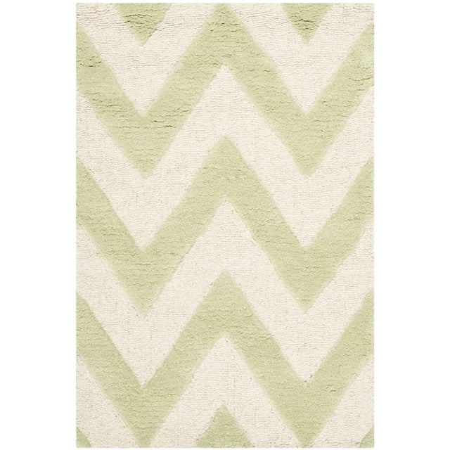 Safavieh Cambridge Kaitlyn Zig Zag Stripes Area Rug with a front-facing view of a hand-tufted wool accent rug featuring durable plush cut and high/low loop pile textures in light green and off-white zig zag stripes, suitable for modern home or office decor.