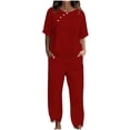 thumbnail image 1 of Yuyuzo Ensembles Détente pour Femmes, Hauts à Col Rond à Boutons, Pantalons Amples avec Poches, Ensemble Assorti d'Été 2 Pcs, 1 of 4