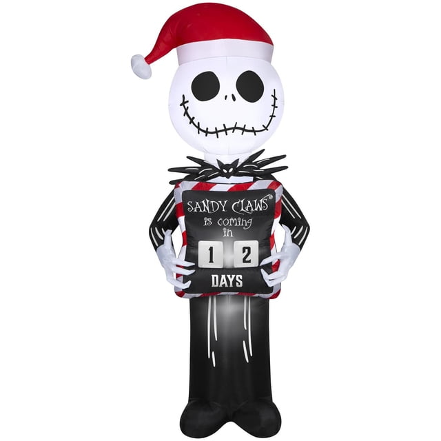 Christmas Inflatable Jack Skellington with Christmas Countdown featuring a front-facing inflatable Jack Skellington wearing a red Santa hat and black pinstripe suit, holding a lighted countdown sign that reads 'Sandy Claws is coming in 12 days' with interchangeable numbers, self-inflates with LED lighting, suitable for indoor and outdoor Christmas decoration.