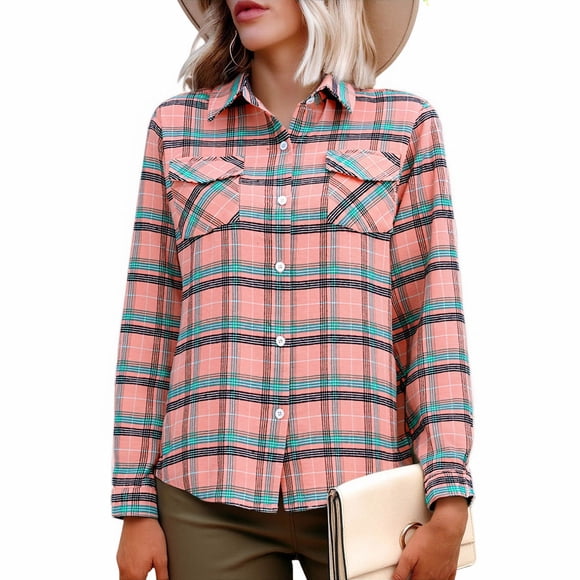 Bwiyojiz Fashion Clothing Sizes S-XXL Cotton Long Sleeve Turndown Collar Blouse & Shirt Womens Soft Stretchy Knit Plaid Shirts Collared Button Down Blouses Tops, Gifts for Sister, S