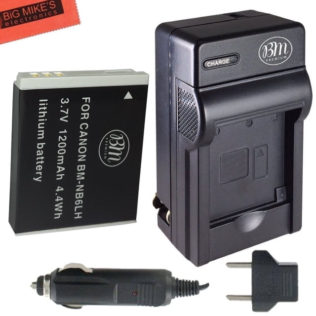 BM Premium NB-6L, NB-6LH Batterie et Ensemble de Chargeur de Batterie pour Appareils Photo Numériques Canon PowerShot. Comprend une Batterie lithium-ion de 1200 mAh, un Chargeur CA/CC Rapide et un Chiffon de Nettoyage en Microfibre. Compatible avec des Modèles comme S120, SX530 HS, SX710 HS, et Plus. Offre une protection de Multiples Circuits et une construction Résistante au Feu pour la Sécurité.