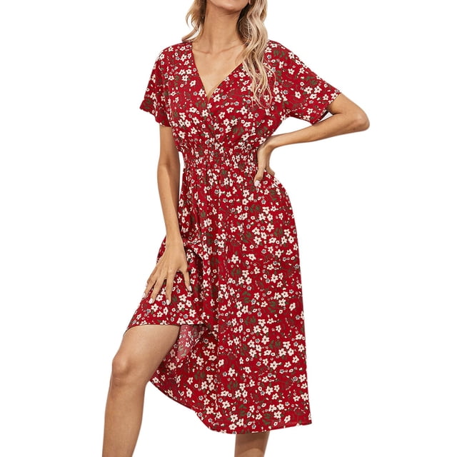 Kcodviy Robe Élégante pour Femme Robe Florale à Col Montant Robe Imprimée Décontractée Robe à Col en V Robes Été à Manches Courtes Ligne A Plage Longues Robes pour Femmes Robe Robe
