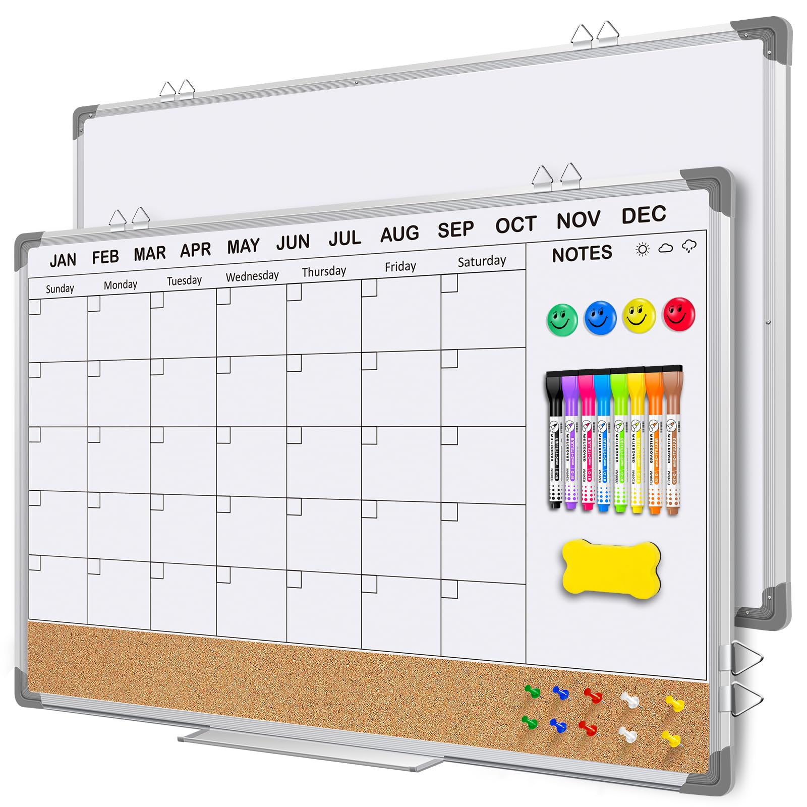 Whiteboard Calendar for Wall 36x24 Inch, EAONE Dry Erase Board with Calendar and Cork Board Combo, Double Sided/Magnetic/Aluminum Framed, Wall Mounte