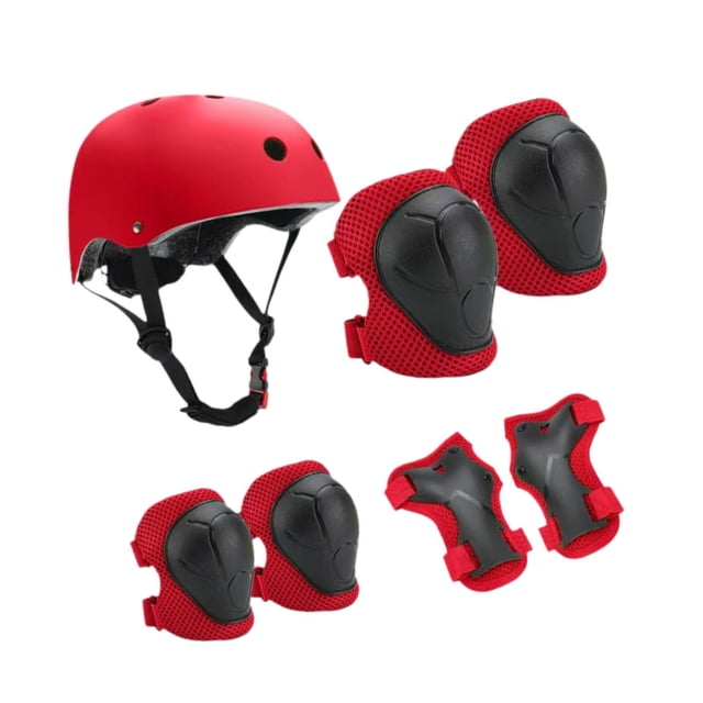 Almencla 7 Pieces Kids Helmet Protection Gear Set Hand Elbow Knee Pads Teens Children Skateboard Helmet for Bike Riding Sports Red