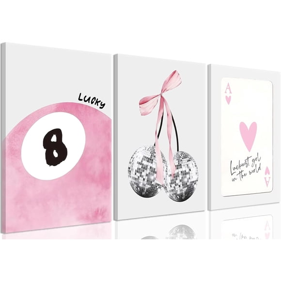 JBZZD Pink Coquette Canvas Wall Art Set of 3 Trendy Preppy Disco 8 Ball Cherry Wall Decor Posters Room Decor Prints Pictures for College Apartment Girls Bedroom Living Room Framed 12x16In