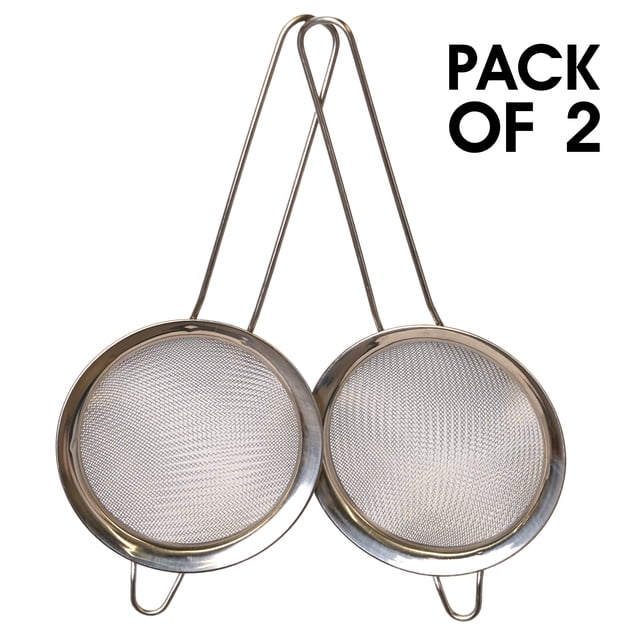 Verka Stainless Steel Tea Strainer 2 Pack featuring two polished stainless steel strainers with fine mesh sieves and long handles with hanging holes for convenient storage, designed to filter fine tea leaves and spices for clear tea.