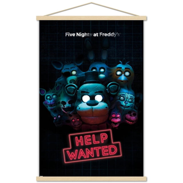 Five Nights at Freddy's - Affiche Murale Help Wanted, 22,375 Po x 34 Po Mettant en Vedette des Personnages Animatroniques aux Yeux Blancs Lumineux du Jeu sur un Fond à Grille Sombre au-Dessus d'Un Panneau Néon Rouge « Help Wanted », Imprimée sur Papier d'Affiche Lustré avec Barres de Suspension en Bois, Convient à la Décoration Murale de Chambre Ou de Bureau.