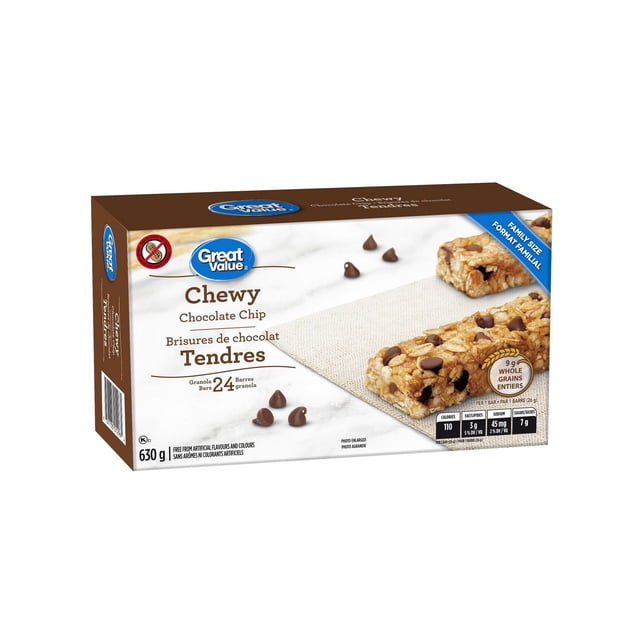 Great Value Granola Bar - Chewy Chocolate Chip family size box containing 24 chewy chocolate chip granola bars weighing 630g, showing two bars with visible chocolate chips and oats on a beige cloth, highlighting 9g whole grains per bar and nutrition facts, suitable for quick snacks or on-the-go energy.