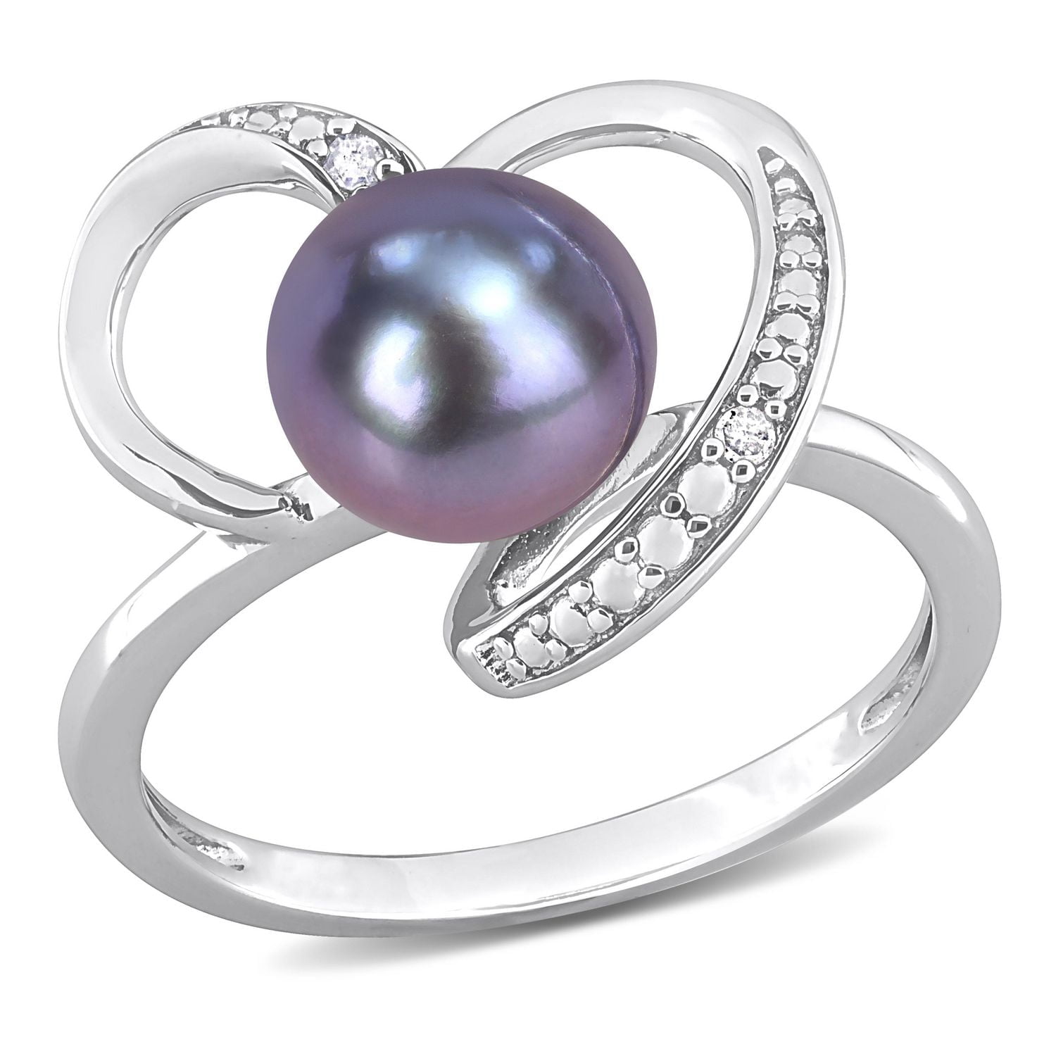 Miabella Black Freshwater Cultured Pearl and Diamond Accent Sterling Silver Heart Ring
