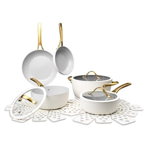 Thyme & Table 12-Piece Non-Stick Signature Cookware Set, Pots and Pans Set- White & Gold