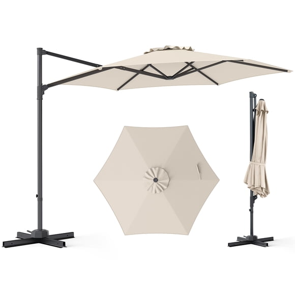 Gymax 10 FT Outdoor Cantilever Umbrella w/360-Degree Rotation Air Vent Cross Base Included Patio Beige