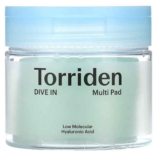 Torriden Dive In Low Molecular Hyaluronic Acid Multi Pad, 80 sheets, 5.41 fl oz (160 ml) in a transparent jar with a light blue lid. The jar displays the product name in bold black text and emphasizes its low molecular hyaluronic acid formula. These vegan, dermatologically tested pads provide daily hydration and cooling relief, ideal for soothing and moisturizing all skin types.