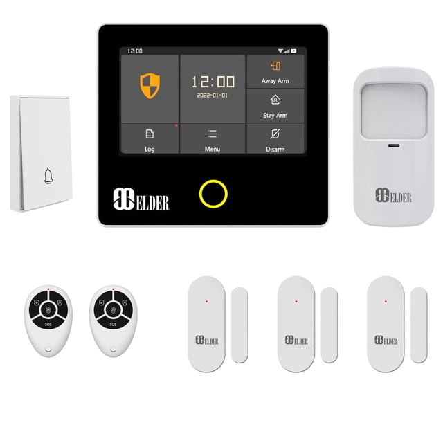 Security Alarm System Wireless Smart 8-Piece Kit DIY by Elder, featuring a WiFi and 4G-enabled central touch panel with built-in siren, motion sensor, three door/window sensors, doorbell button, and two remote controls. The system is compatible with Hey Google and Alexa, supports partial arm and SOS panic modes, and includes long-life rechargeable batteries. Designed for smart home and business security, it offers DIY installation and expandable options for up to 99 sensors. Proudly designed in Canada.